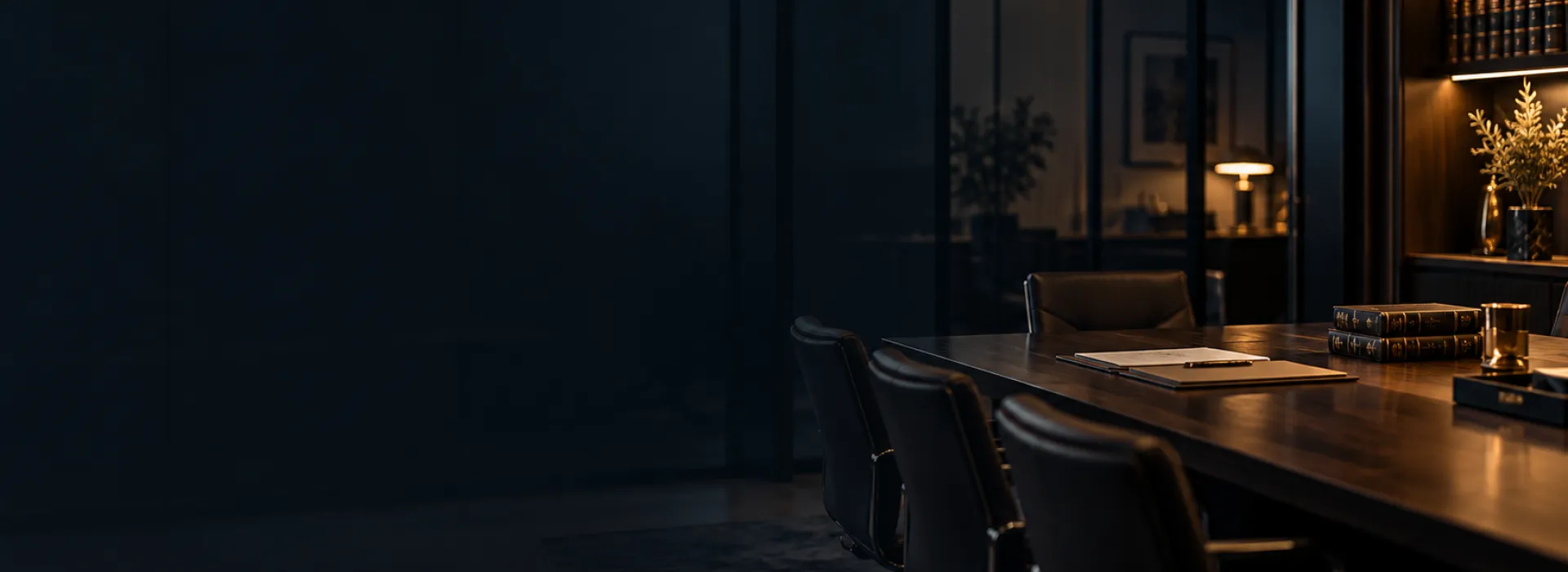 Sala de reuniones de un despacho con luz cálida y tonos oscuros