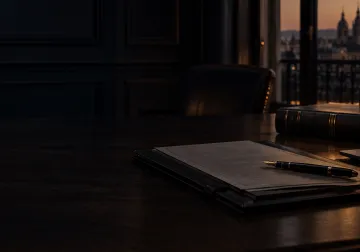 Documentación y pluma sobre una mesa de despacho en tonos oscuros